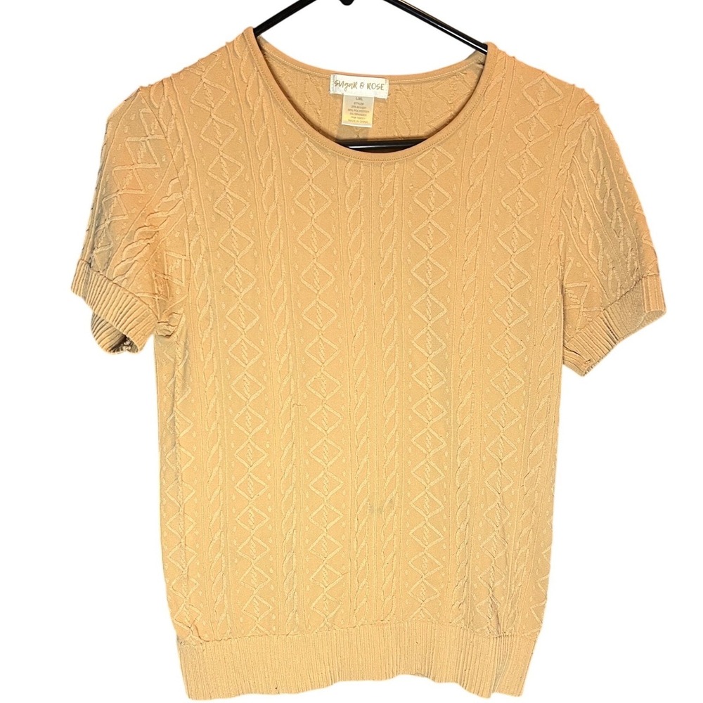 Sugar & Rose Womens Tan Cable Knit Short Sleeve Sweater Top L/XL 2PK-M1193T